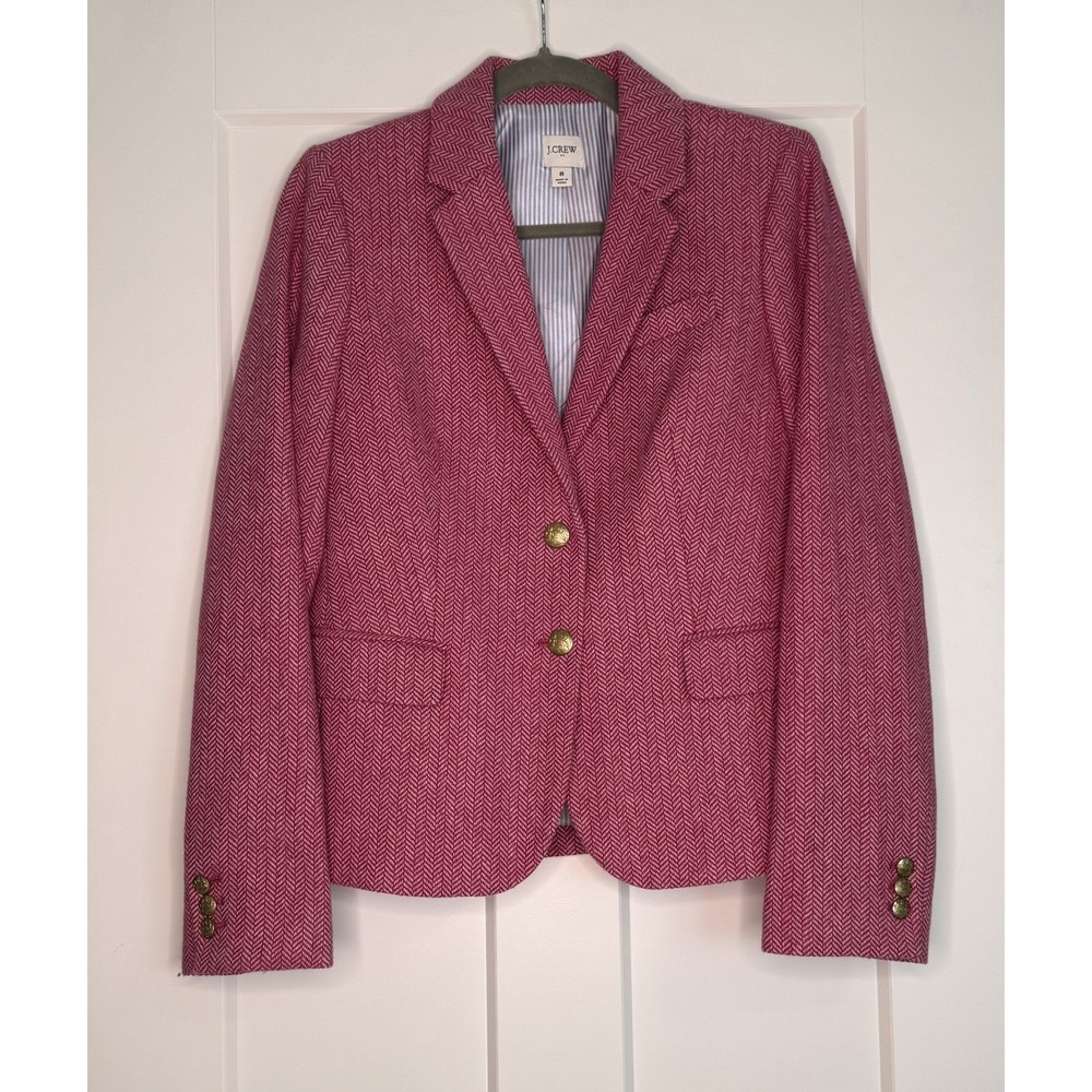 J.Crew Blazer Women's 8 Pink White Herringbone Wool Blend Gold Crest Buttons